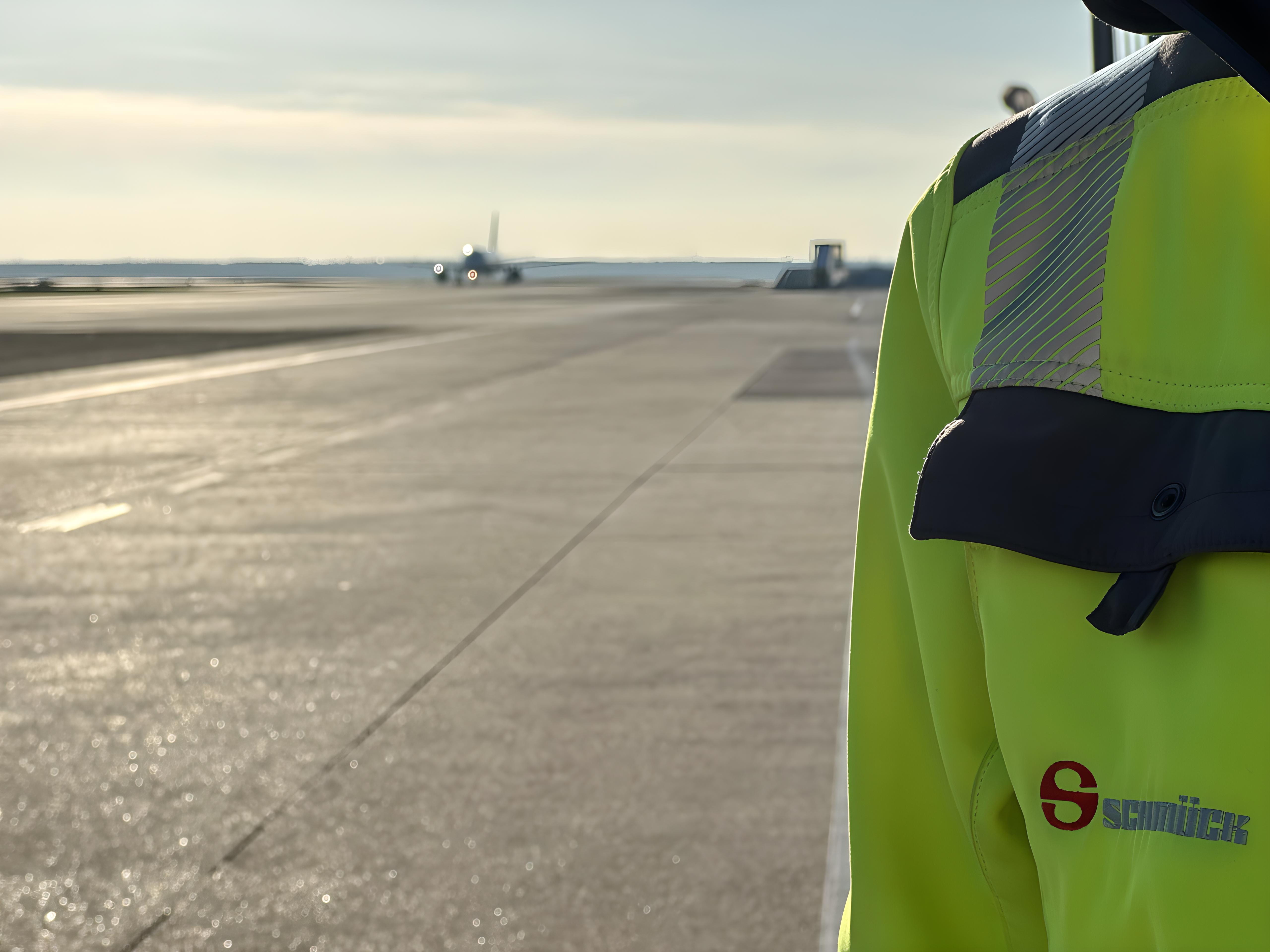 Flughafenvorfeld mit Flugzeug und Schmück Bau Mitarbeiter in Sicherheitsweste für Bauleiter, Junior-Bauleiter, Bauabrechner und Werkstudenten Stellen.